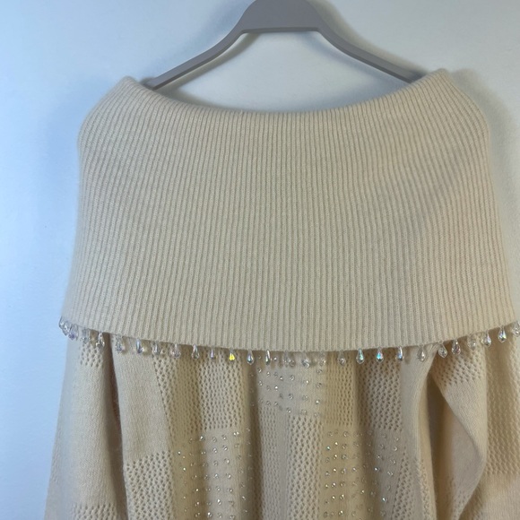 Lambswool and angora rabbit hair long sleeve cream knit sweater fold over collar - Picture 8 of 14
